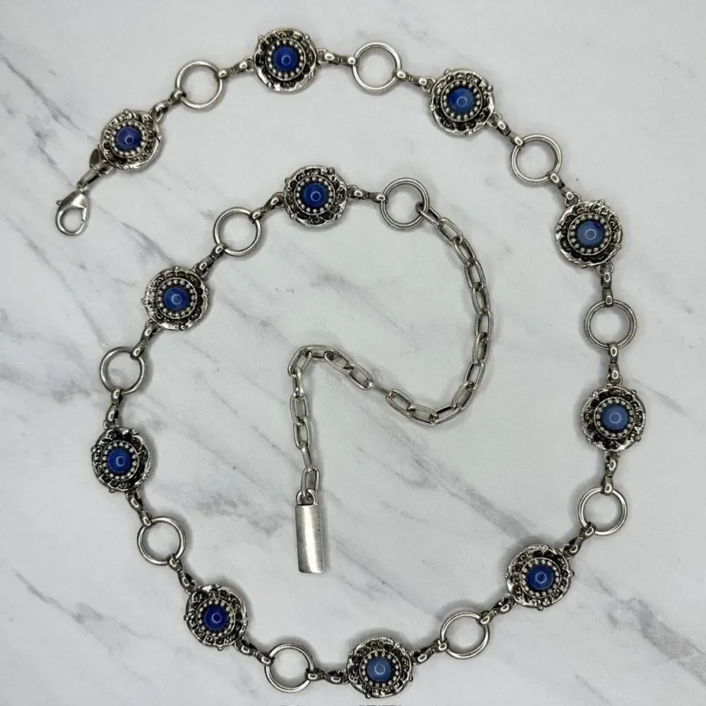 Vintage Blue Cabochon Silver Chain Belt M/L ✨